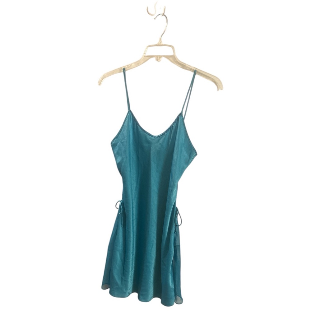 Expressions pretty teal silky nightgown with floral trim at neck, size M
